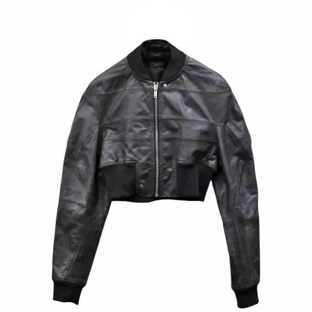 【RICK OWENS】經典SS25 HOLLYWOOD系列復古仿舊刷色小牛皮短版飛行夾克(黑色RP01E7713LTP)