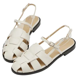 【Grace Gift】東京步調編織羅馬平底涼鞋(米白)