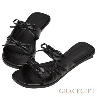 【Grace Gift】韓系度假抓皺雙帶蝴蝶結低跟拖鞋(黑)