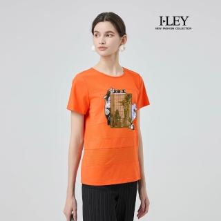 【ILEY 伊蕾】網布印花拼接棉質上衣(桔；M-2L；1252501702)