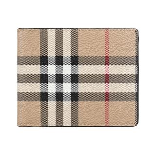 【BURBERRY 巴寶莉】BURBERRY Vintage 燙印LOGO格紋PVC搭小牛皮內襯6卡對折短夾(米)