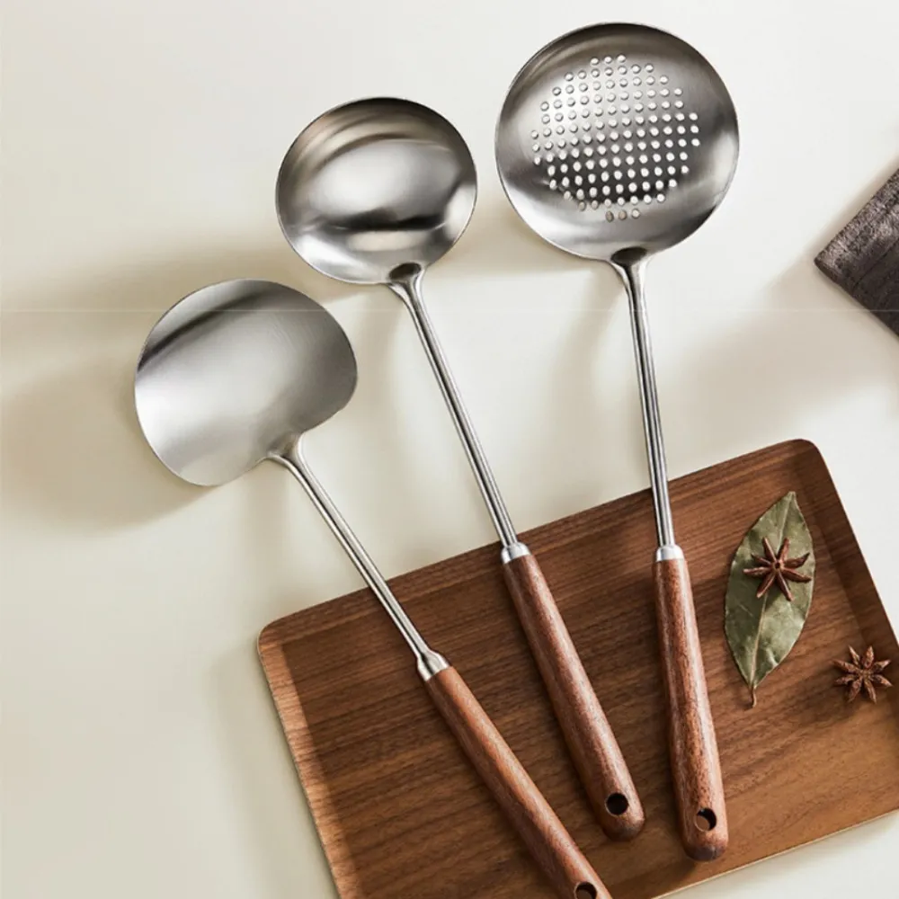 【Dagebeno荷生活】304不鏽鋼胡桃木手柄可懸掛廚具 堅韌耐用握感舒適漏勺湯勺鍋鏟(蘑菇鏟小號1入)