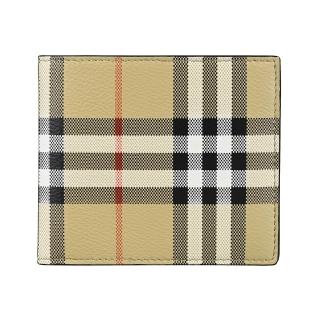 【BURBERRY 巴寶莉】BURBERRY 內燙印LOGO小牛皮拼格紋PVC 8卡對折短夾(典藏米x黑)