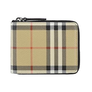 【BURBERRY 巴寶莉】BURBERRY MS Daniels 內壓印LOGO小牛皮拼格紋PVC 3卡拉鍊短夾(典藏米x黑)
