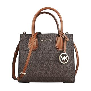 【Michael Kors】MICHAEL KORS Mercer經典LOGO印花塗層帆布搭皮革手提斜背包(中/橡子棕x深褐)