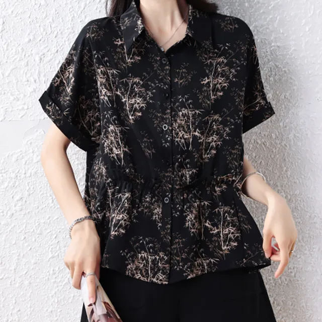 【麗質達人】3177黑色印花連肩袖上衣-LY(L-5XL)