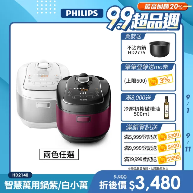 【Philips 飛利浦】智慧萬用電子鍋/壓力鍋/萬用鍋 HD2140(紫小萬/白小萬)