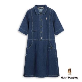 【Hush Puppies】女裝 洋裝 半開襟刺繡小狗五分袖牛仔洋裝(深藍 / 54215105)