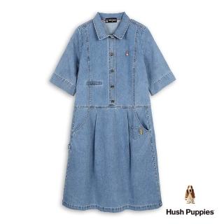 【Hush Puppies】女裝 洋裝 半開襟刺繡小狗五分袖牛仔洋裝(淺藍 / 54215105)