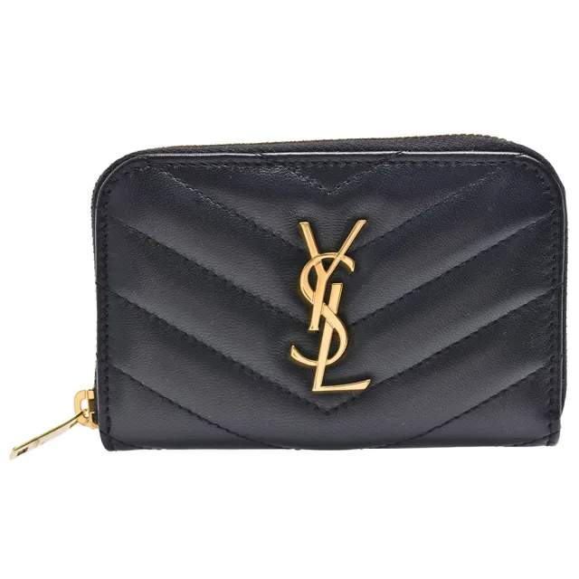 【YSL】經典品牌字母LOGO縫線MATELASSE小羊皮拉鍊零錢包(黑色753788-AAA44-1000)