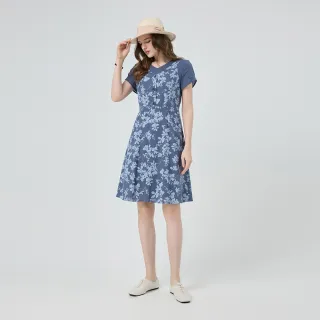 【ILEY 伊蕾】V領假兩件純棉印花洋裝(深藍；M-XL；1252077432)