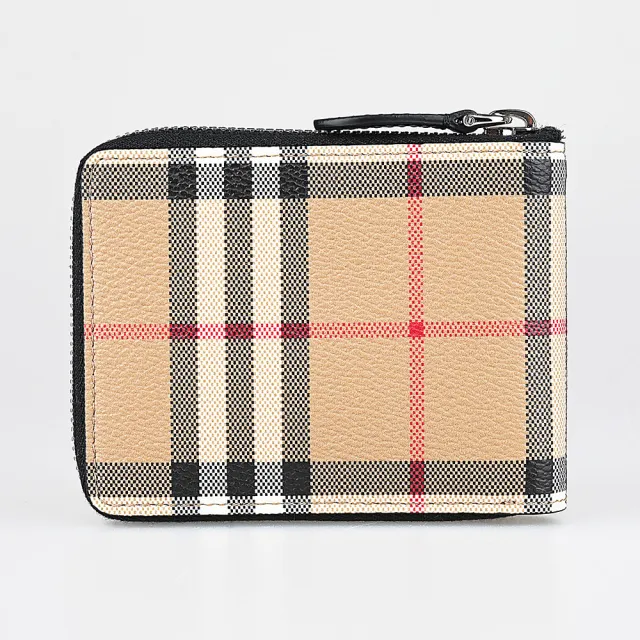 【BURBERRY 巴寶莉】BURBERRY 內字母LOGO格紋塗層帆布搭牛皮ㄇ字拉鍊零錢短夾(米x黑)