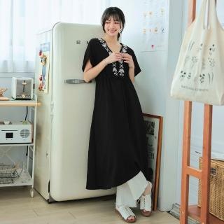 【OB 嚴選】日系V領繡花腰抽繩長洋裝 《DA10480》