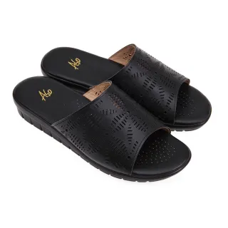 【A.S.O 阿瘦集團】A.S.O 挺麗氣墊一字寛版真皮休閒涼拖鞋(女鞋_黑色)
