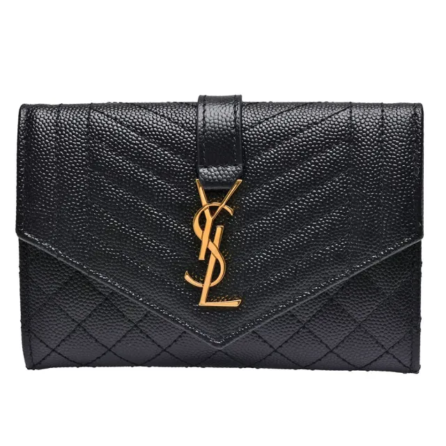 【YSL】經典品牌LOGO粒紋牛皮暗釦零錢包(黑651026-BOW91-1000)