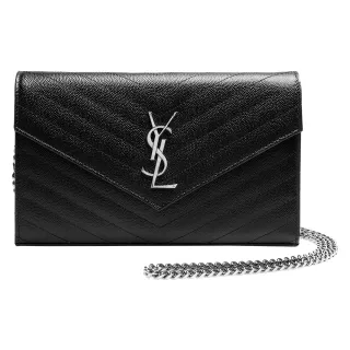 【YSL】經典品牌LOGO小牛皮鍊帶短夾(黑584104-BTY0N-1000)