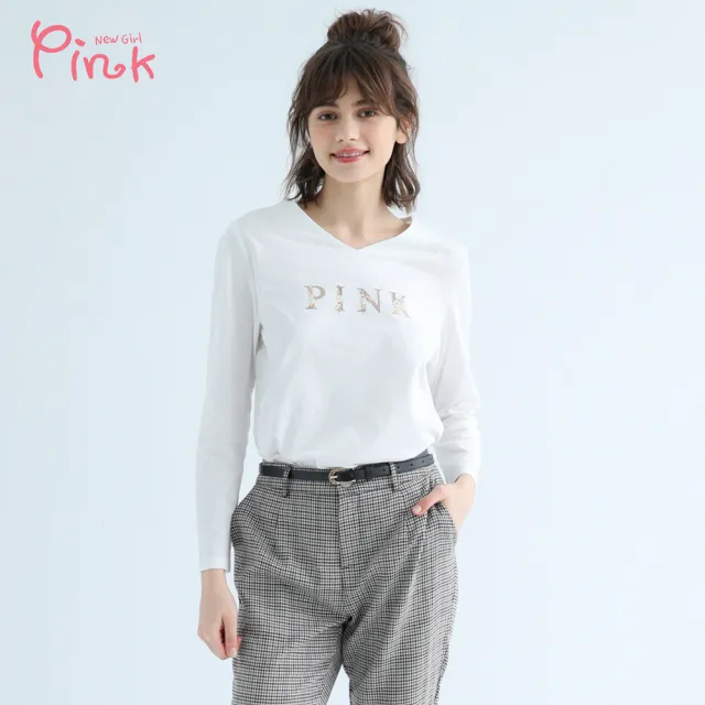 【PINK NEW GIRL】V領花卉LOGO印花長袖上衣 X1308LB
