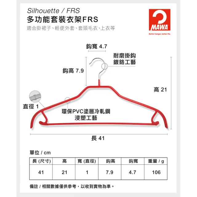 【MAWA】德國原裝進口時尚都會止滑無痕套裝衣架41cm/20入 黑