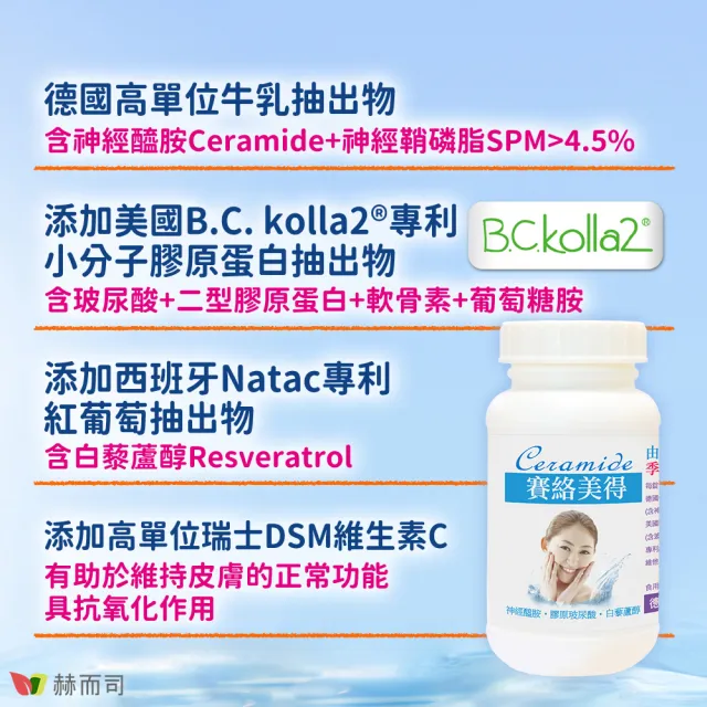 【赫而司】升級四代德國神經醯胺1罐(60錠吃的小分子膠原口服玻尿酸軟骨素葡萄糖胺白藜蘆醇維他命C賽絡美)