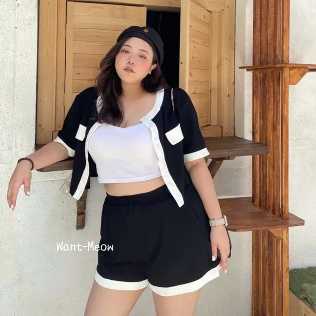 【Want-Meow】80公斤可穿/顯瘦韓系短袖小香黑白撞色短褲套裝2件套裝兩件組(大碼/大尺碼/加大碼/套裝)