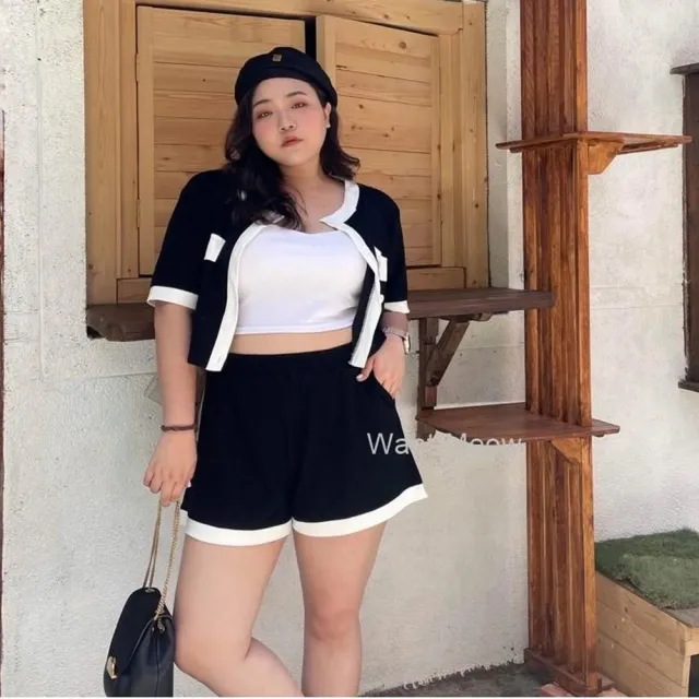 【Want-Meow】80公斤可穿/顯瘦韓系短袖小香黑白撞色短褲套裝2件套裝兩件組(大碼/大尺碼/加大碼/套裝)