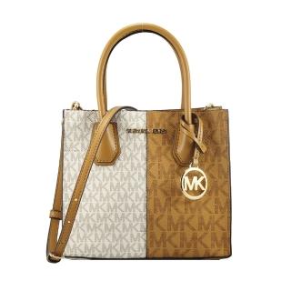 【Michael Kors】MERCER新款雙拼滿版PVC LOGO寬底手提/肩背/斜揹包(咖啡白)