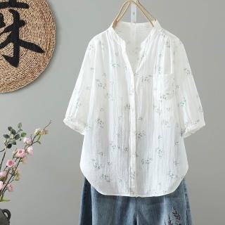 【ACheter】文藝雙層棉紗印花碎花襯衫時尚短版中袖上衣#124902(藍 黃 黑白)