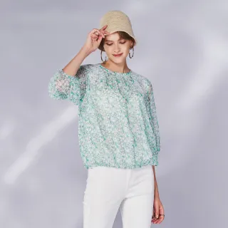 【KERAIA 克萊亞】翠雨鬱金香蕾絲貼花縮擺雪紡上衣