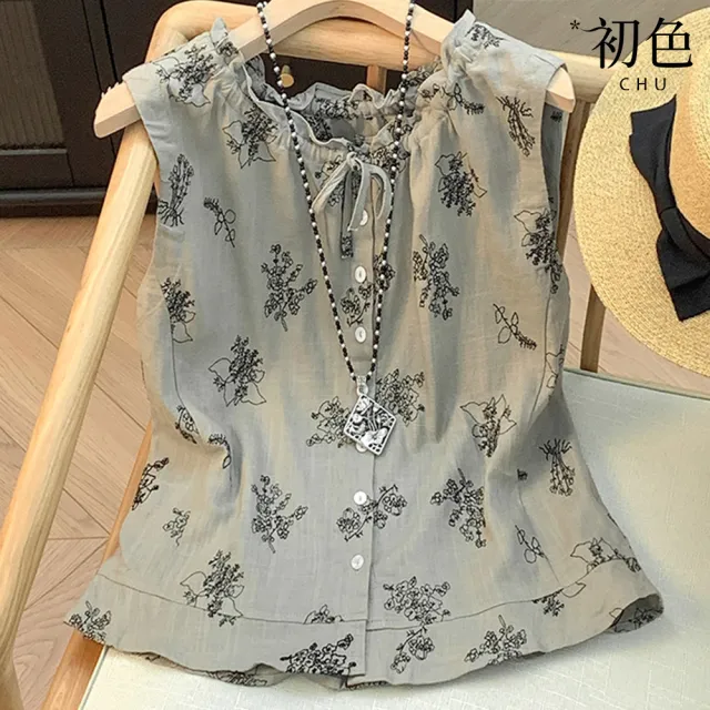 【初色】日系植物刺繡荷葉邊圓領綁帶無袖單排釦背心上衣女上衣-灰色-14222(M-2XL可選)