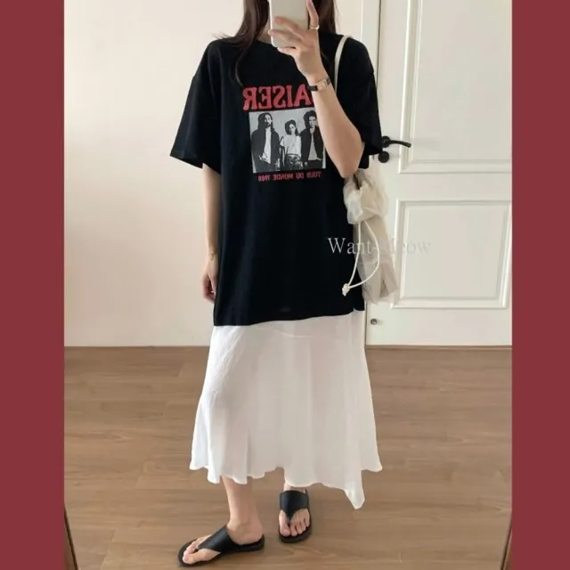 【Want-Meow】90公斤可穿/設計感拼接雪紡圖案寬鬆洋裝(大碼/大尺碼/加大碼/洋裝)