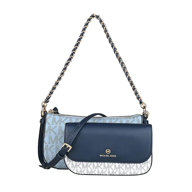 【Michael Kors】MICHAEL KORS 四合一PVC搭牛皮拉鍊釦式手提斜背包(香草白x海軍藍x藍)