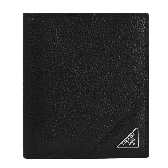 【PRADA 普拉達】經典三角LOGO荔枝牛皮簡易6卡對折短夾(黑)