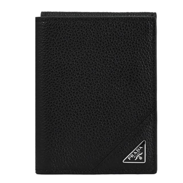 【PRADA 普拉達】簡約經典三角LOGO荔枝牛皮三折簡易小短夾(黑)