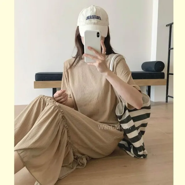【Want-Meow】95公斤可穿/設計感韓系簡約短袖波浪紋魚尾寬鬆洋裝(大碼/大尺碼/加大碼/洋裝)