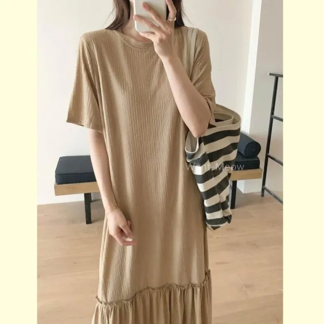 【Want-Meow】95公斤可穿/設計感韓系簡約短袖波浪紋魚尾寬鬆洋裝(大碼/大尺碼/加大碼/洋裝)