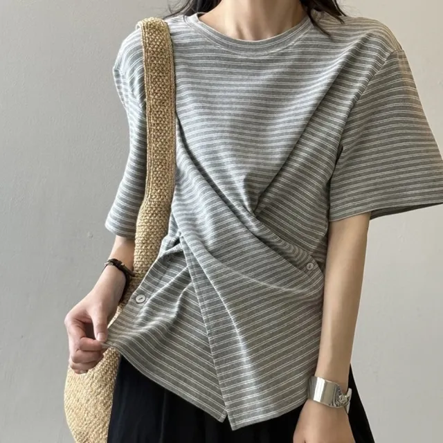 【米蘭精品】現貨+預購 法式短袖T恤短襯衫上衣親膚透氣美式休閒女裝(小眾氣質女上衣2色t1ma46)