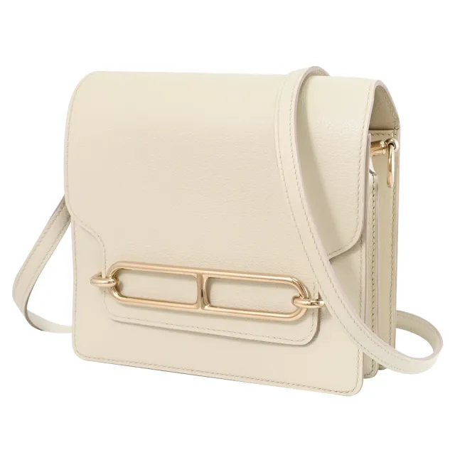 【Hermes 愛馬仕】Mini Roulis 18 簡約金屬LOGO小牛皮翻蓋斜背包(白)