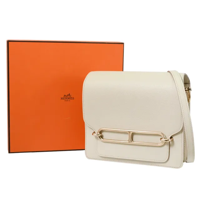 【Hermes 愛馬仕】Mini Roulis 18 簡約金屬LOGO小牛皮翻蓋斜背包(白)