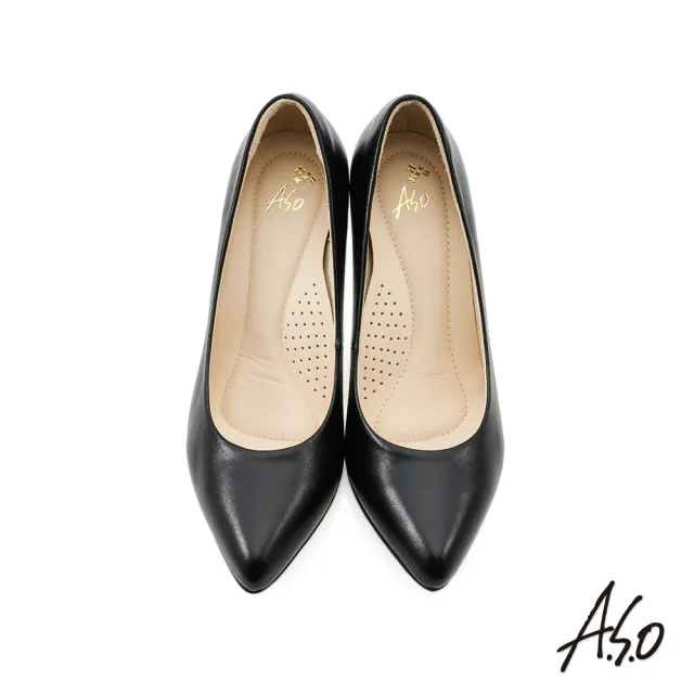 【A.S.O 阿瘦集團】A.S.O 窩心系列-素面通勤尖頭時尚真皮高跟鞋(女鞋_黑色)