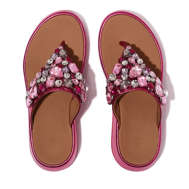【FitFlop】F-MODE 華麗寶石金屬皮革厚底夾腳涼鞋-女(兩色)