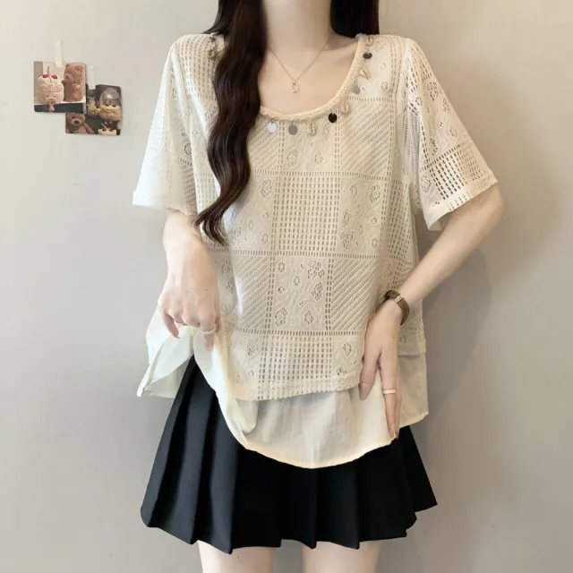【ALLK 歐楷】新品 簍空拼接長版上衣 2色(尺寸L-XXL/中大尺碼/涼爽/透氣)