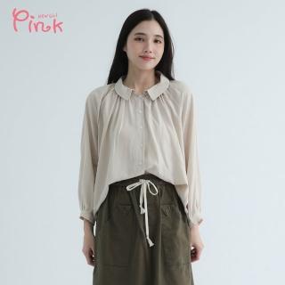 【PINK NEW GIRL】翻領抓皺連袖天絲襯衫 X3212CE