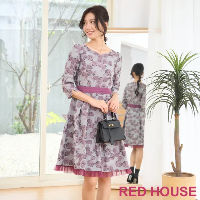 【RED HOUSE 蕾赫斯】典雅花朵網紗裙襬緹花洋裝(紫色)