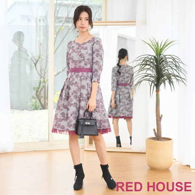 【RED HOUSE 蕾赫斯】典雅花朵網紗裙襬緹花洋裝(紫色)
