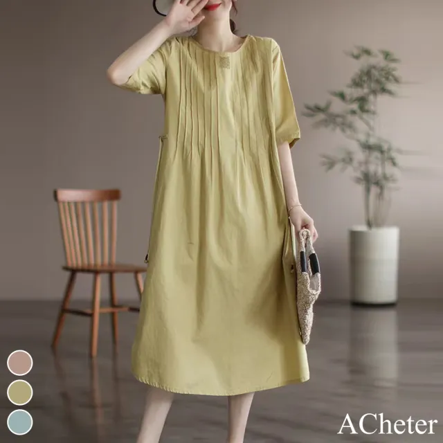 【ACheter】韓版棉麻寬鬆氣質別致收腰洋裝#112999現貨+預購(3色)