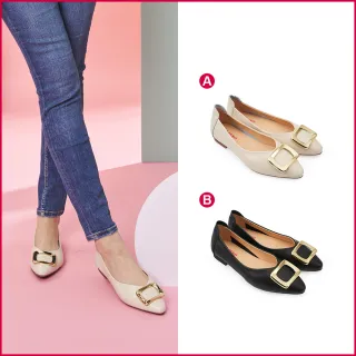 【A.S.O 阿瘦集團】BESO LADY GO系列-金飾方釦尖頭娃娃鞋-直播限定(女鞋_2色任選)