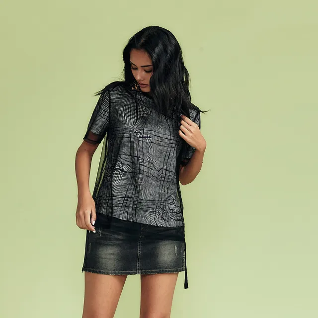 【ICHE 衣哲】Cop.Copine 法國原裝進口法式格紋透視拼接上衣