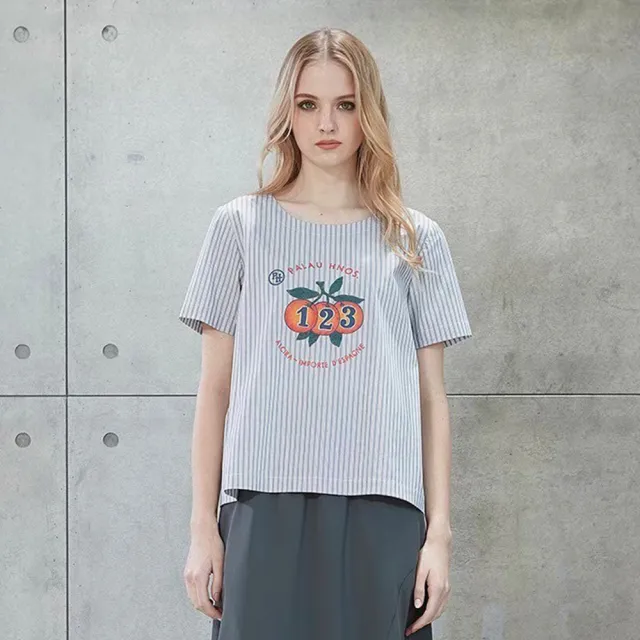 【ICHE 衣哲】Cop.Copine 法國原裝進口灰白條紋印花短袖上衣