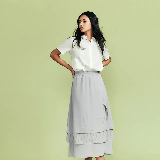 【ICHE 衣哲】Cop.Copine 法國原裝進口條紋拼接層次中長裙