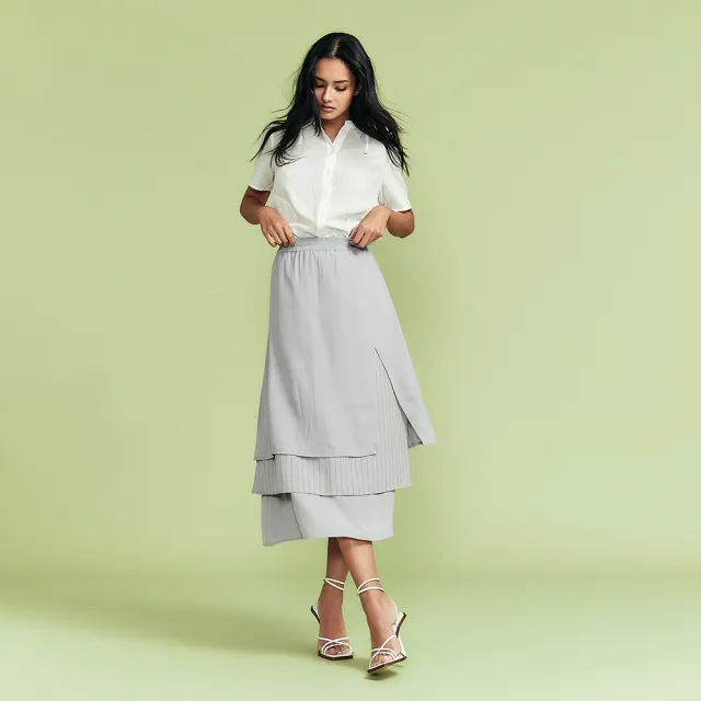 【ICHE 衣哲】Cop.Copine 法國原裝進口條紋拼接層次中長裙